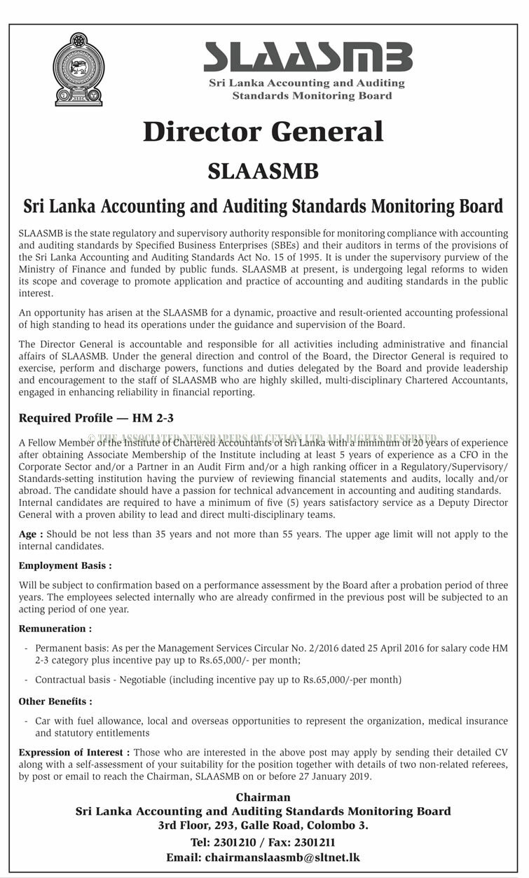 Director General - Sri Lanka Accounting & Auditing Standards Monitoring Board